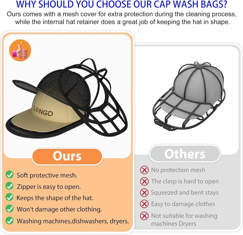 LONGD Hat Washer Cage for Baseball Caps  Sturdy Cleaning Protector with Frame Cage and Laundry Bag  Washing Machine Safe Hat Cleaner and Organizer  Suitable for Adult and Kids' Caps - 1-Pack Black - Image 2